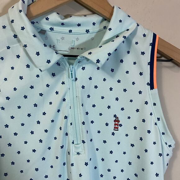 Under Armour Light Blue Ditsy Floral Sleeveless Polo Tank Top 1/4 Zip Sz M - Picture 2 of 9
